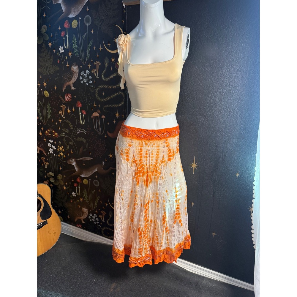 24K Silk Orange Tie Dye Embroidered Midi Skirt L India Boho Festival Flowy